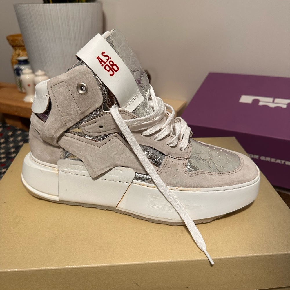 A.S.98 Light Gray and White High-Top Sneakers